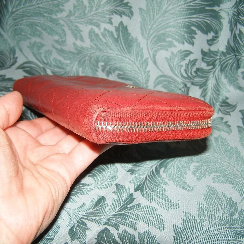 CHANEL Dark Red Lambskin Quilted Leather Wallet